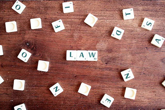 The word law spelled out in scrabble tiles