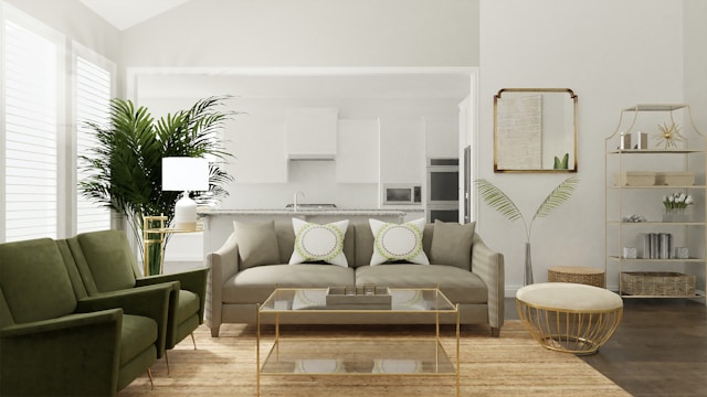 a living room with beige and green accents