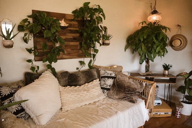 a room with natural tones and a plant wall