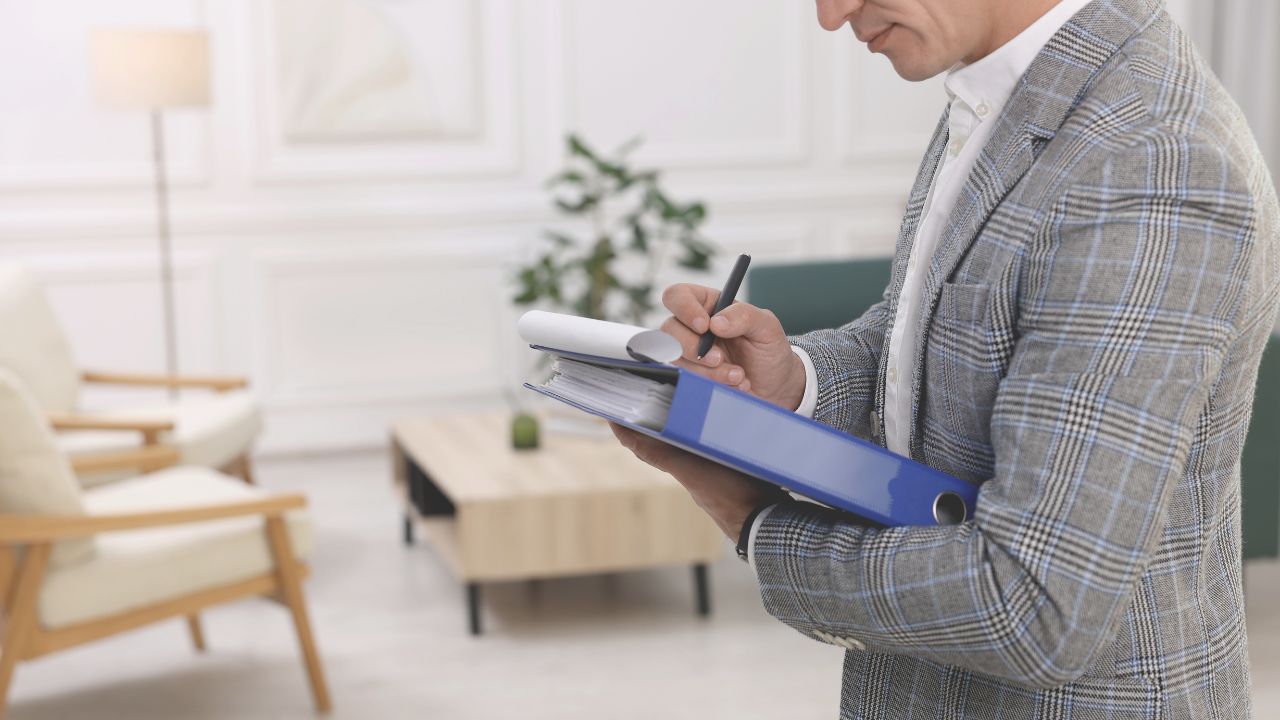 a person holding a binder in a well designed room